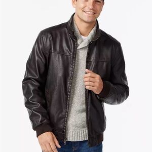 Tommy Hilfiger Black Faux Leather Bomber Jacket with Ribbed Cuffs